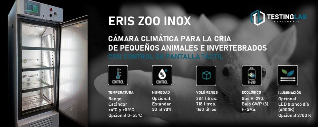 Serie ERIS ZOO INOX de TESTING LAB EQUIPMENTS. Cámara climática para la cría de pequeños animales, anfibios y peces en el sector de la biotecnología.